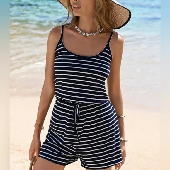 Striped Knit Elastic Waist Loose Fit Romper With Spaghetti Strap Size Medium - Picture 1 of 6